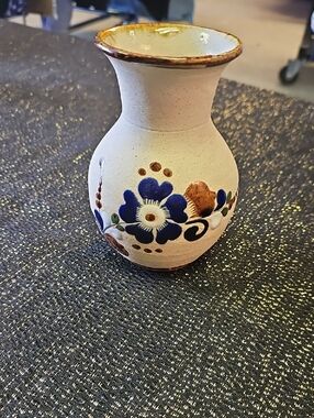 Hand-Painted Ceramic Bud Vase with Blue Floral Design